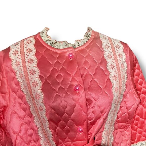 Vintage 60s Pink Quilted Satin Pajama Lounge Set Lace Trim Size 34 Medium - Picture 4 of 13